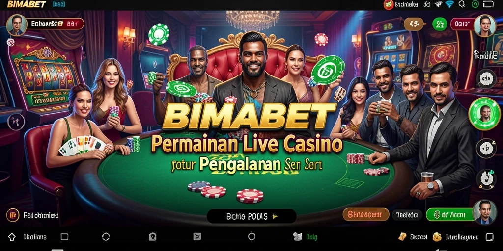 Screenshot gameplay BIMABET menampilkan dealer langsung dan suasana kasino yang nyata.