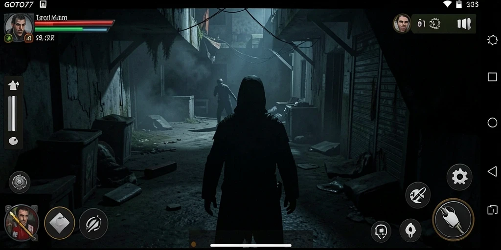 Screenshot gameplay GOTO77 menampilkan kengerian yang menegangkan.