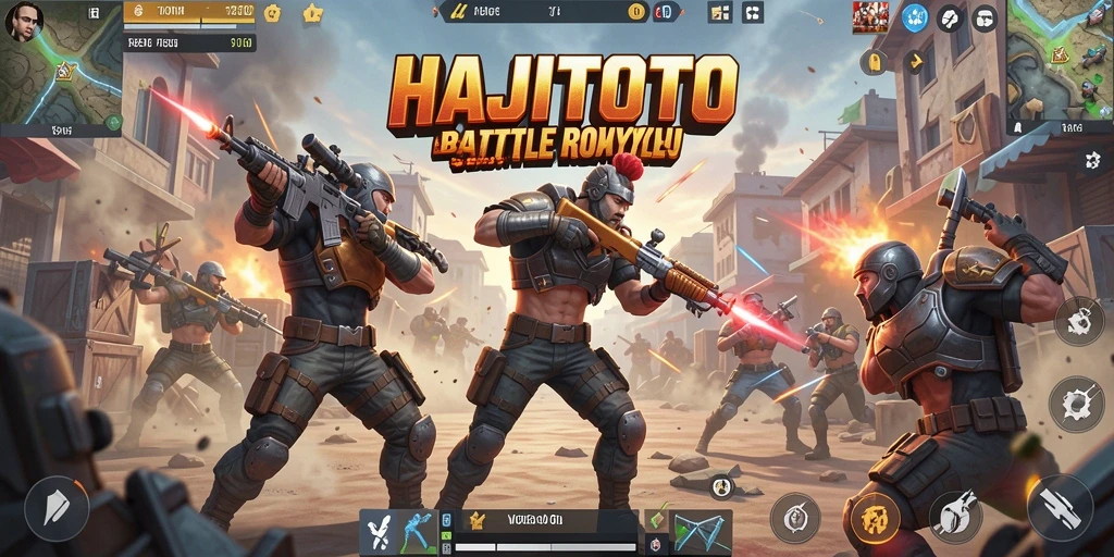 Screenshot gameplay HAJITOTO menunjukkan pertempuran seru antara pemain dalam arena.