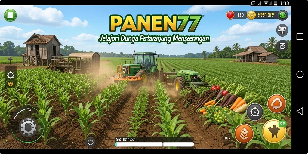 Screenshot utama PANEN77 menampilkan kebun indah dengan berbagai tanaman.