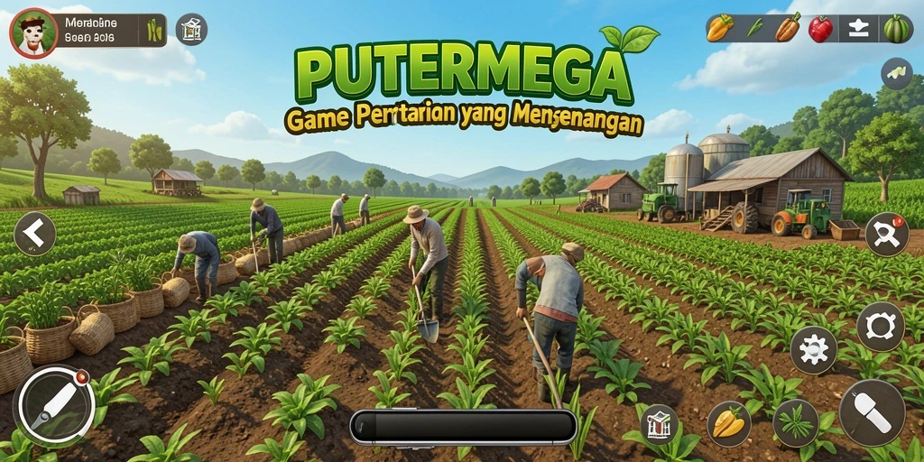 Screenshot gameplay PUTERMEGA menampilkan kebun yang indah dan beragam tanaman.
