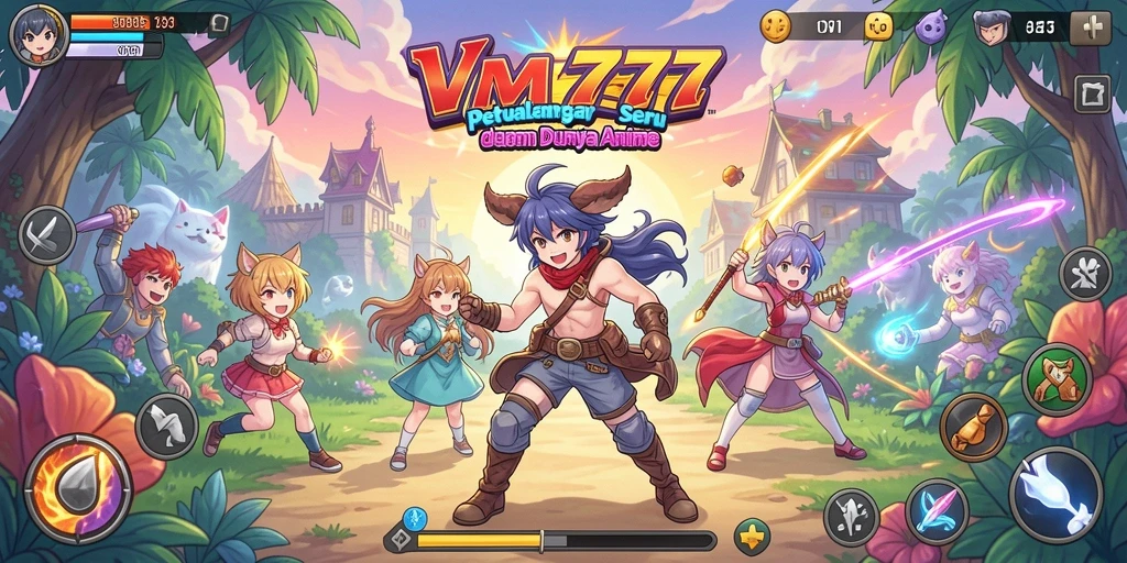 Screenshot utama VM777 menampilkan aksi dinamis dalam pertempuran karakter Anime yang menarik.