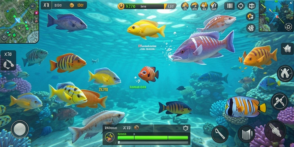 Gameplay seru X78 saat menembak ikan berwarna-warni.